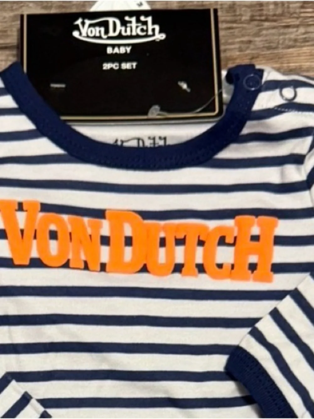 Von Dutch Navy & White Striped Footed One Piece with Matching Bucket Hat NWT 9 M